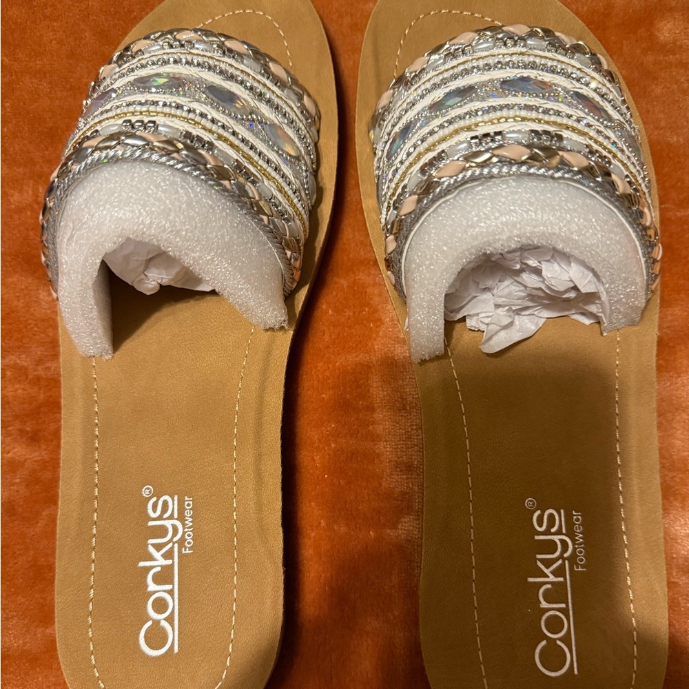 Corkys “Vacation Mode” Tan and Silver Slide Sandals Casual Comfort